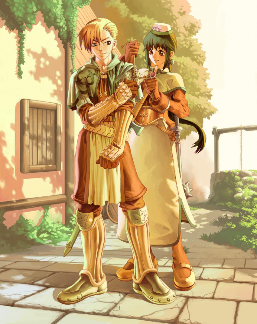 1boy, 1girl, acolyte_(ragnarok_online), armored_boots, bangs, beige_capelet, beige_dress, beige_footwear