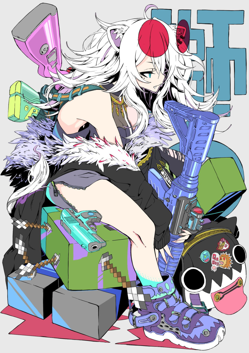 1girl, ahoge, animal_ears, arrow_(projectile), backpack, bag, black_coat, black_shirt