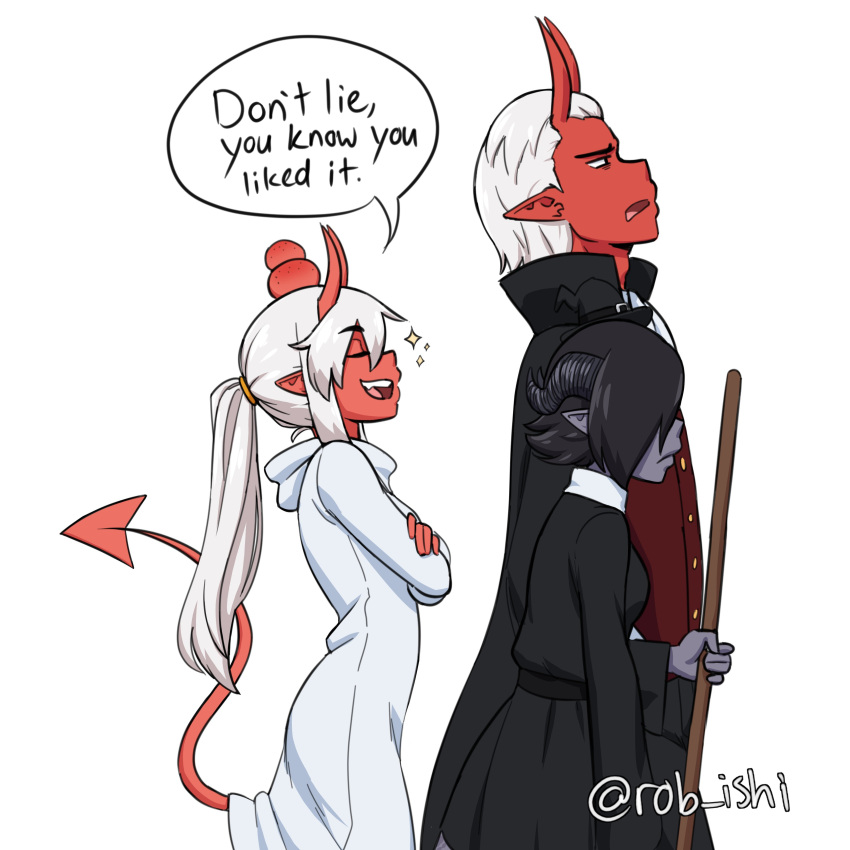 1boy, 2girls, absurdres, alternate_hairstyle, artist_name, black_cape, black_dress, black_headwear