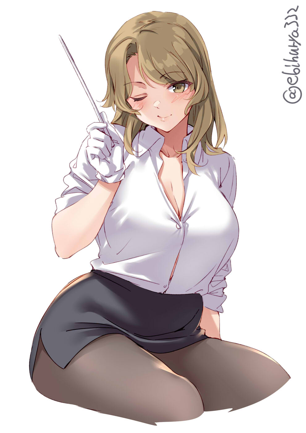 1girl, black_skirt, blush, breasts, brown_eyes, cowboy_shot, ebifurya, formal