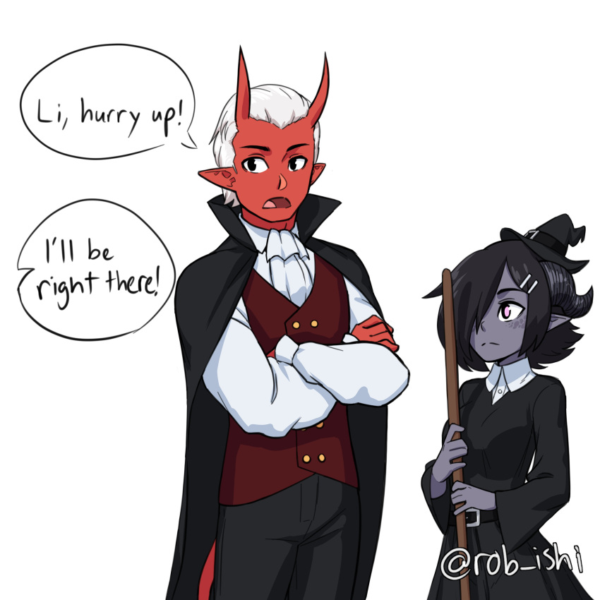 1boy, 1girl, absurdres, belt, black_belt, black_cape, black_eyes, black_hair, black_headwear, black_pants, black_skin, breasts, broom, cape, closed_mouth, colored_skin, commentary, crossed_arms, demon_boy, demon_horns, demon_tail, dragon_horns, dress_shirt, english_text, frown, grey_hair, hair_ornament, hair_over_one_eye, hairclip, hat, highres, holding, holding_broom, horns, long_sleeves, looking_at_viewer, mini_hat, nelu_(rob_ishi), oni_horns, open_mouth, original, pants, pointy_ears, rae_(rob_ishi), red_vest, ribbon, rob_ishi, shirt, short_hair, simple_background, small_breasts, speech_bubble, tail, vampire_costume, vest, white_background, white_shirt, wing_collar, witch