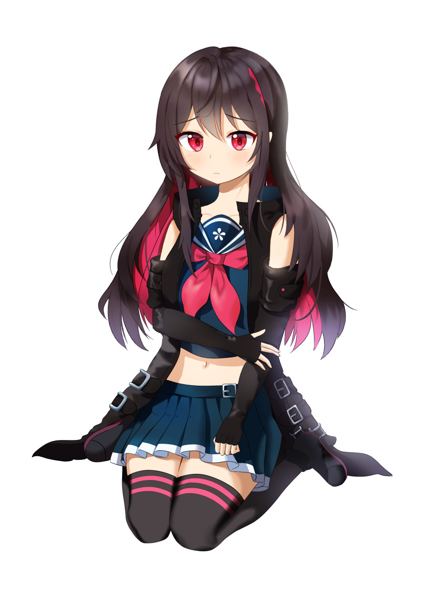 1girl, absurdres, alvin_ahsong, bare_shoulders, belt_buckle, black_coat, black_footwear, black_gloves, black_hair, black_legwear, blue_shirt, blue_skirt, buckle, coat, crop_top, elbow_gloves, fingerless_gloves, gloves, highres, long_hair, looking_at_viewer, midriff, miniskirt, multicolored_hair, navel, neckerchief, open_clothes, open_coat, pleated_skirt, red_eyes, ren_(witch's_weapon), sailor_collar, school_uniform, seiza, serafuku, shirt, shoes, sidelocks, simple_background, sitting, skirt, sleeveless, sleeveless_coat, sleeveless_shirt, solo, streaked_hair, thigh-highs, two-tone_hair, white_background, witch's_weapon, zettai_ryouiki