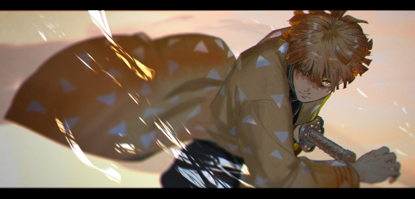 1boy, agatsuma_zenitsu, bangs, black_border, black_jacket, black_pants, blonde_hair, border