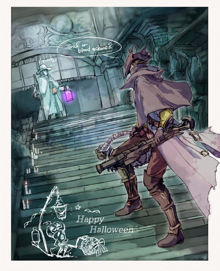 2girls, ambiguous_gender, bloodborne, boots, cane, cape, cloak, coat