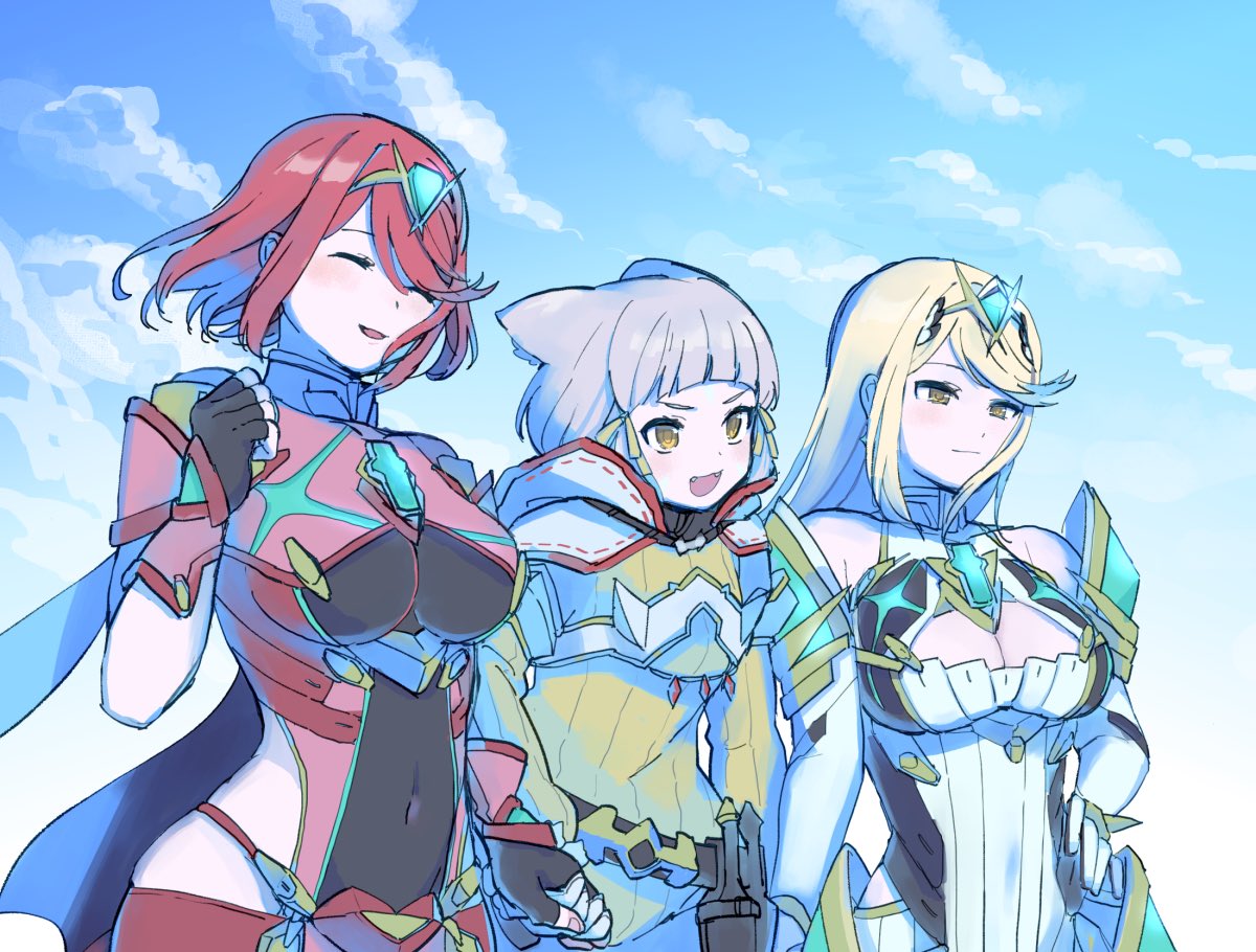 3girls, :d, bangs, bare_shoulders, black_gloves, blonde_hair, blunt_bangs, bodysuit, breasts, chest_jewel, cleavage_cutout, closed_eyes, clothing_cutout, covered_navel, day, dress, earrings, elbow_gloves, fangs, fingerless_gloves, gloves, jewelry, large_breasts, lobsterbaby99, long_hair, multiple_girls, mythra_(xenoblade), nia_(xenoblade), open_mouth, outdoors, pyra_(xenoblade), redhead, short_hair, silver_hair, sky, small_breasts, smile, swept_bangs, tiara, upper_body, white_dress, white_gloves, xenoblade_chronicles_(series), xenoblade_chronicles_2, yellow_bodysuit, yellow_eyes