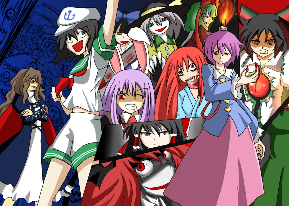 6+girls, akuseru_akira, animal_ears, bandaged_neck, black_hair, broken_neck, chainsaw, evil_grin
