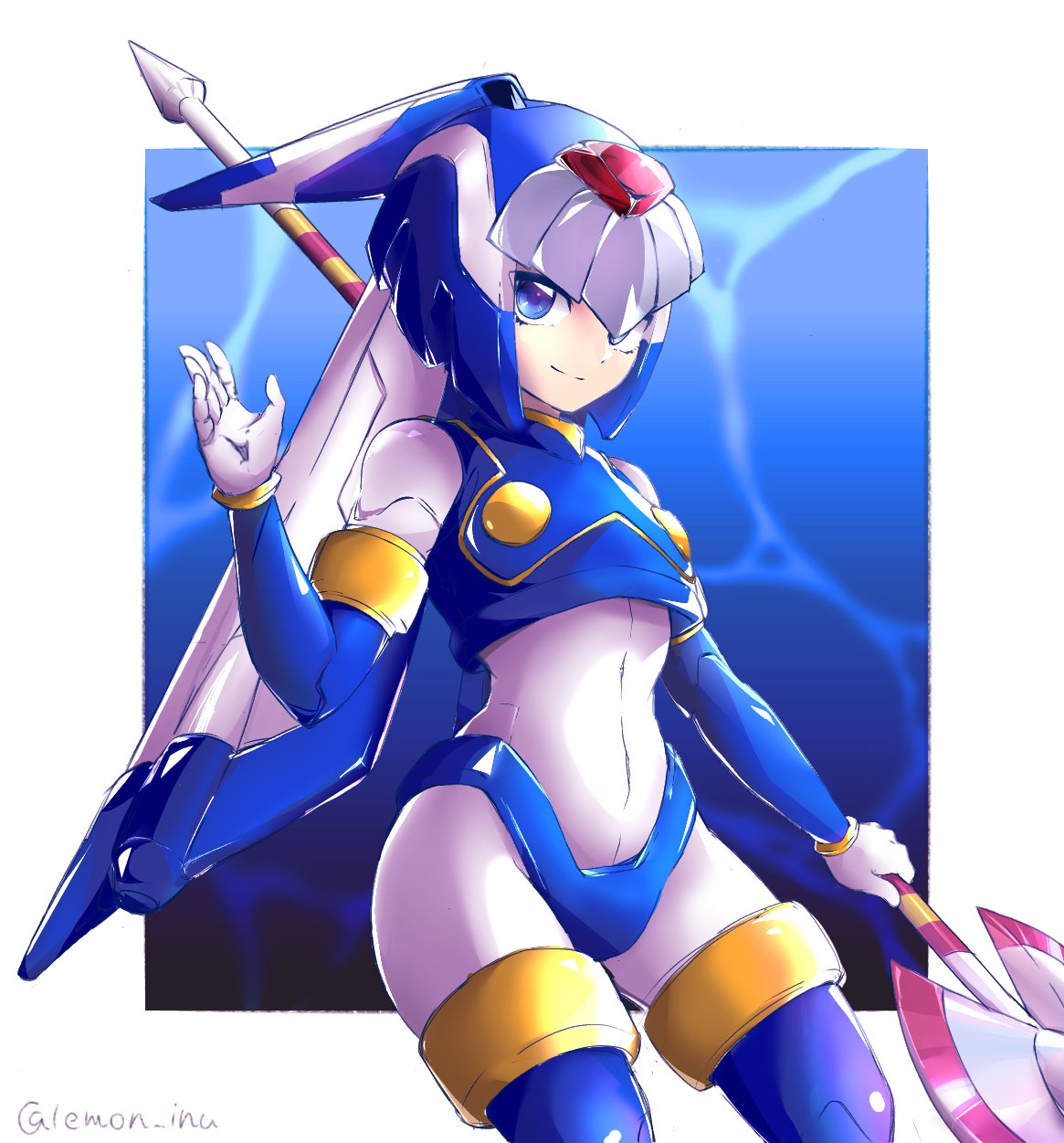 1girl, android, blue_eyes, bodysuit, breasts, commentary_request, cowboy_shot, helmet
