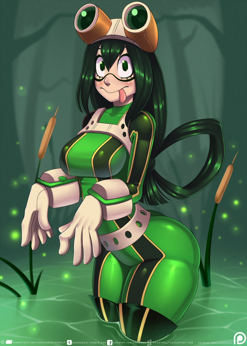 1girl, asui_tsuyu, black_eyes, black_hair, bodysuit, boku_no_hero_academia, boots, breasts