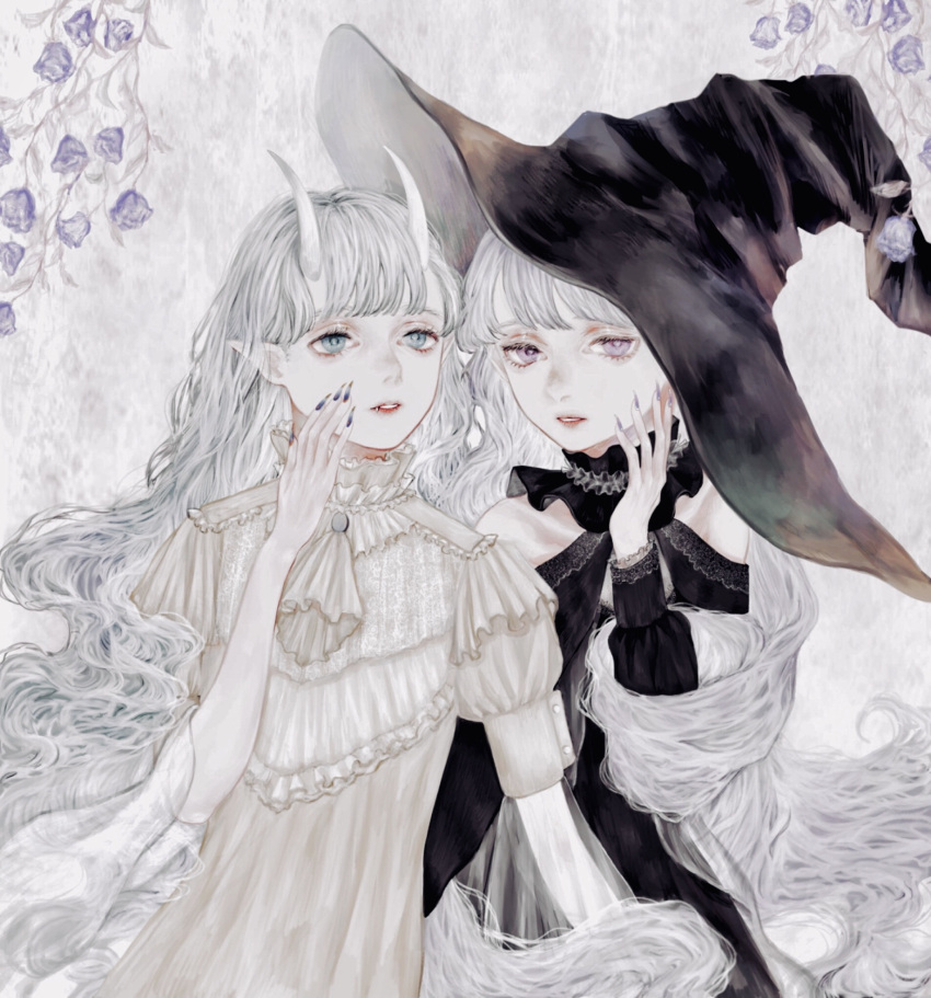 2girls, bangs, black_headwear, blue_eyes, dress, flower, halloween, hand_up
