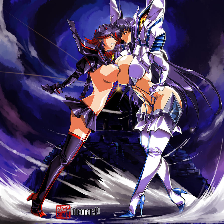 1980s_(style), 2girls, alternate_breast_size, armor, artist_name, asymmetrical_docking, bangs, black_gloves