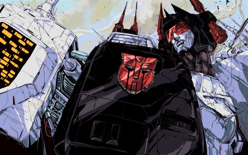 1980s_(style), autobot, clouds, english_commentary, hinomars19, insignia, looking_up, mecha, metroplex, no_humans, red_eyes, retro_artstyle, science_fiction, solo, transformers