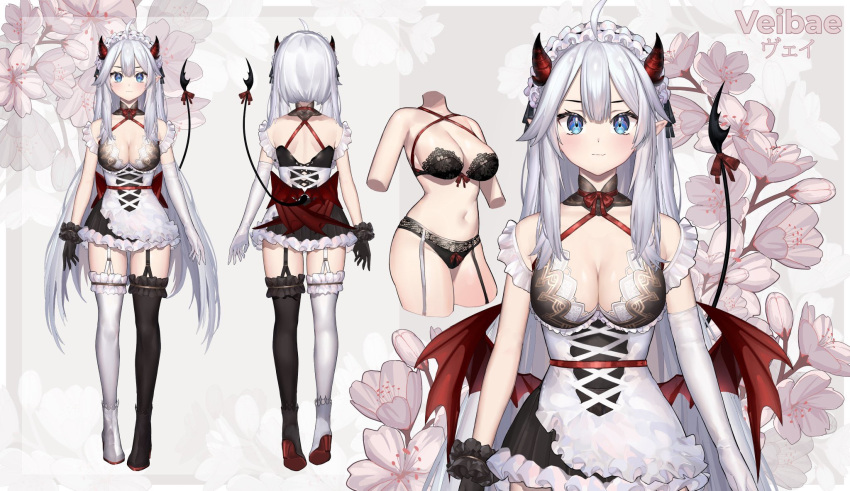 1girl, alternate_costume, bangs, black_bra, black_gloves, bra, breasts, character_sheet