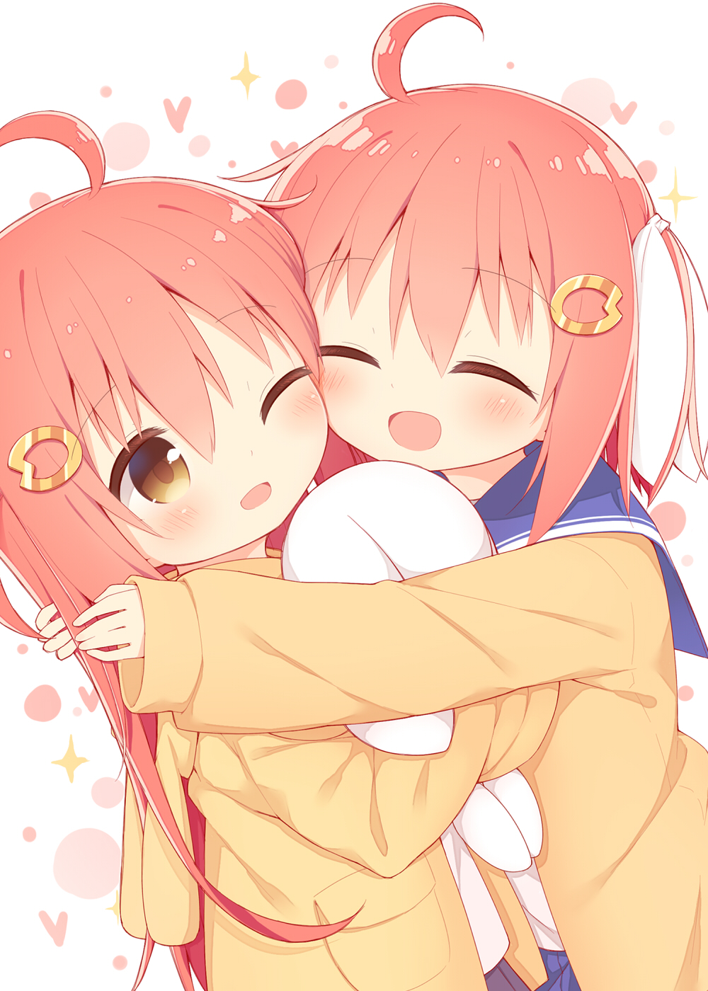 2girls, :d, ;d, ^_^, ahoge, animal_ears, animal_hood, ayanepuna, bangs, blue_sailor_collar, blue_skirt, blush, brown_eyes, brown_jacket, bunny_hood, closed_eyes, commentary_request, eyebrows_visible_through_hair, fake_animal_ears, hair_between_eyes, hair_ornament, hair_ribbon, heart, highres, hood, hood_down, hooded_jacket, hug, ii_(ayanepuna), jacket, long_hair, long_sleeves, multiple_girls, one_eye_closed, one_side_up, open_mouth, original, pink_hair, pleated_skirt, rabbit_ears, ribbon, sailor_collar, shirt, simple_background, skirt, sleeves_past_wrists, smile, sparkle, stuffed_animal, stuffed_bunny, stuffed_toy, upper_body, very_long_hair, white_background, white_ribbon, white_shirt, yune_(ayanepuna)