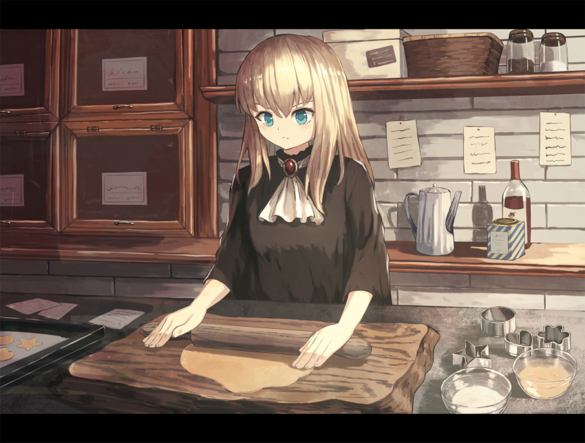 1girl, baking, baking_sheet, black_shirt, blonde_hair, blue_eyes, bottle, bowl