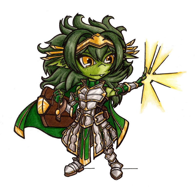 amulet, armor, cloak, colored_skin, fang, full_body, goblin, green_hair