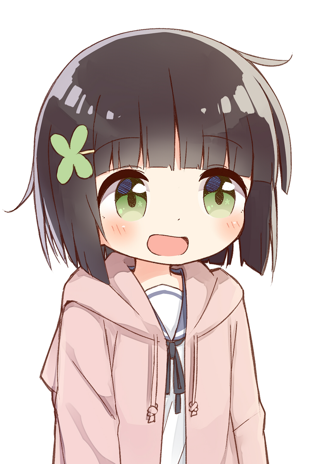 1girl, :d, ayanepuna, bangs, black_hair, black_ribbon, blue_sailor_collar, blush