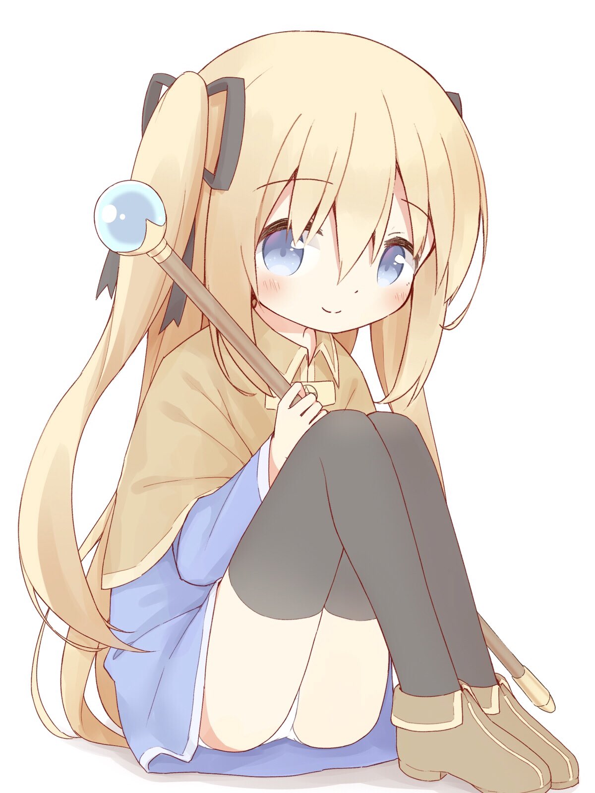 1girl, ayanepuna, bangs, black_legwear, black_ribbon, blonde_hair, blue_dress, blue_eyes
