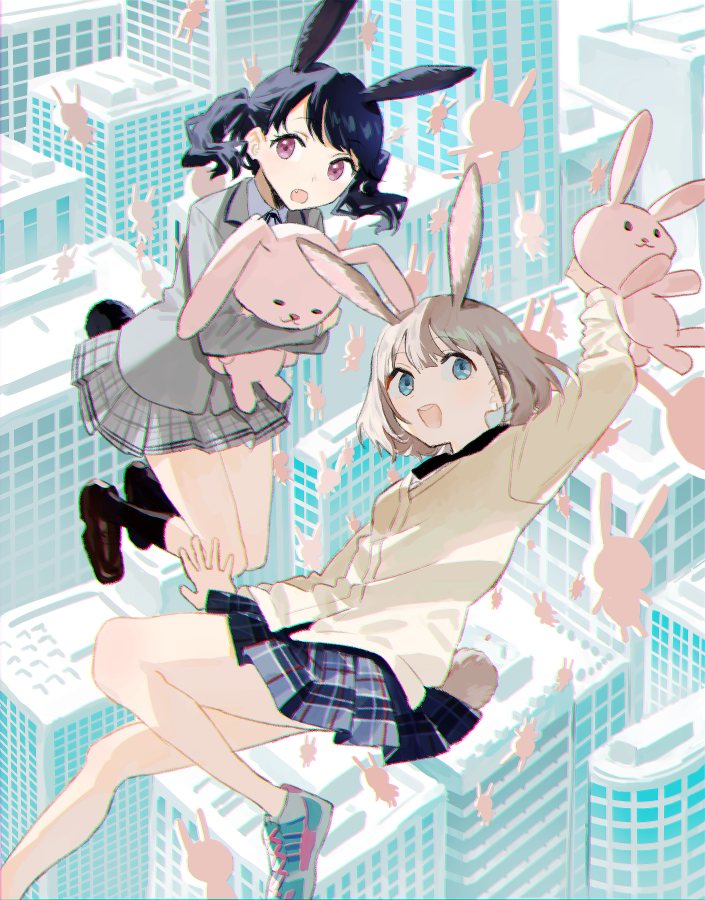 2girls, :d, :o, animal_ears, arm_up, bangs, bare_legs, black_legwear