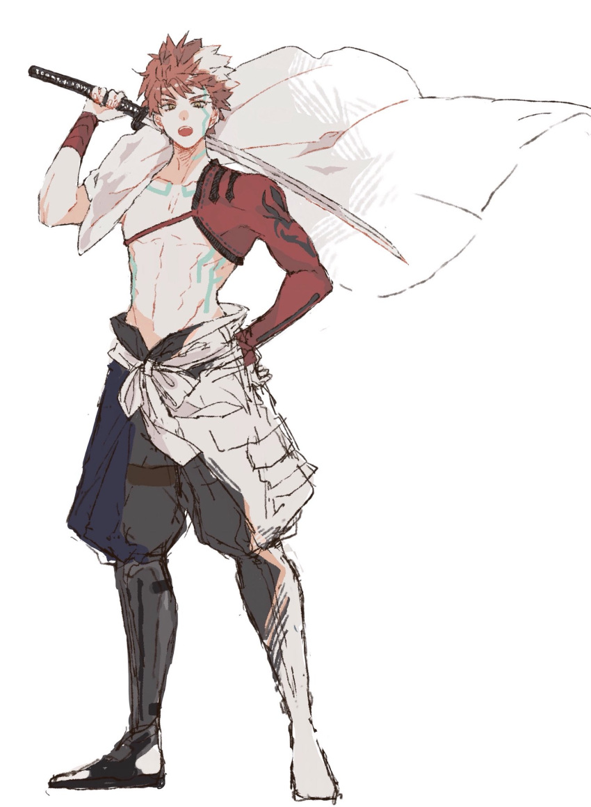 1boy, cape, emiya_shirou, fate/grand_order, fate_(series), full_body, hand_on_hip, highres