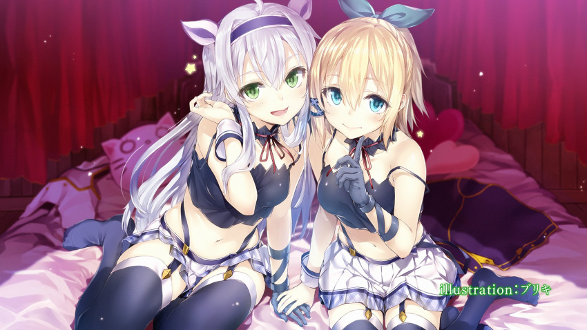 2girls, :d, ahoge, alzano_school_uniform, artist_name, bangs, bare_shoulders, bed