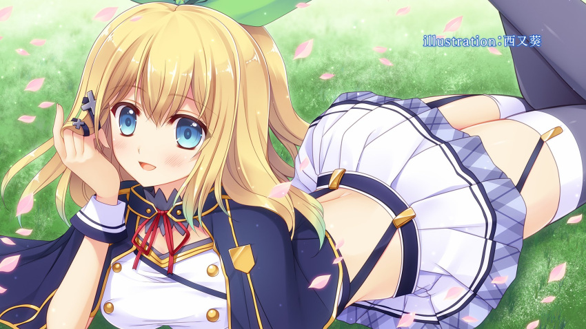 1girl, :d, alzano_school_uniform, artist_name, ass, bangs, blonde_hair, blue_capelet