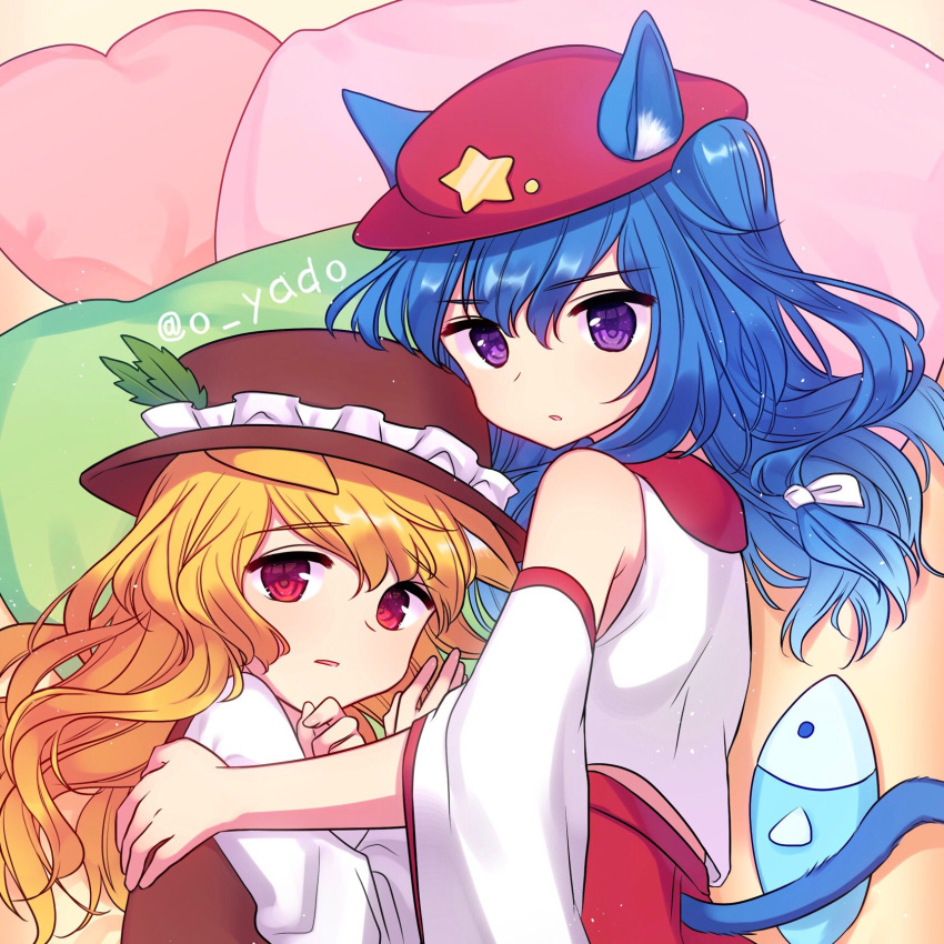 2girls, :o, animal_ears, blonde_hair, blue_eyes, brown_headwear, brown_vest, cabbie_hat