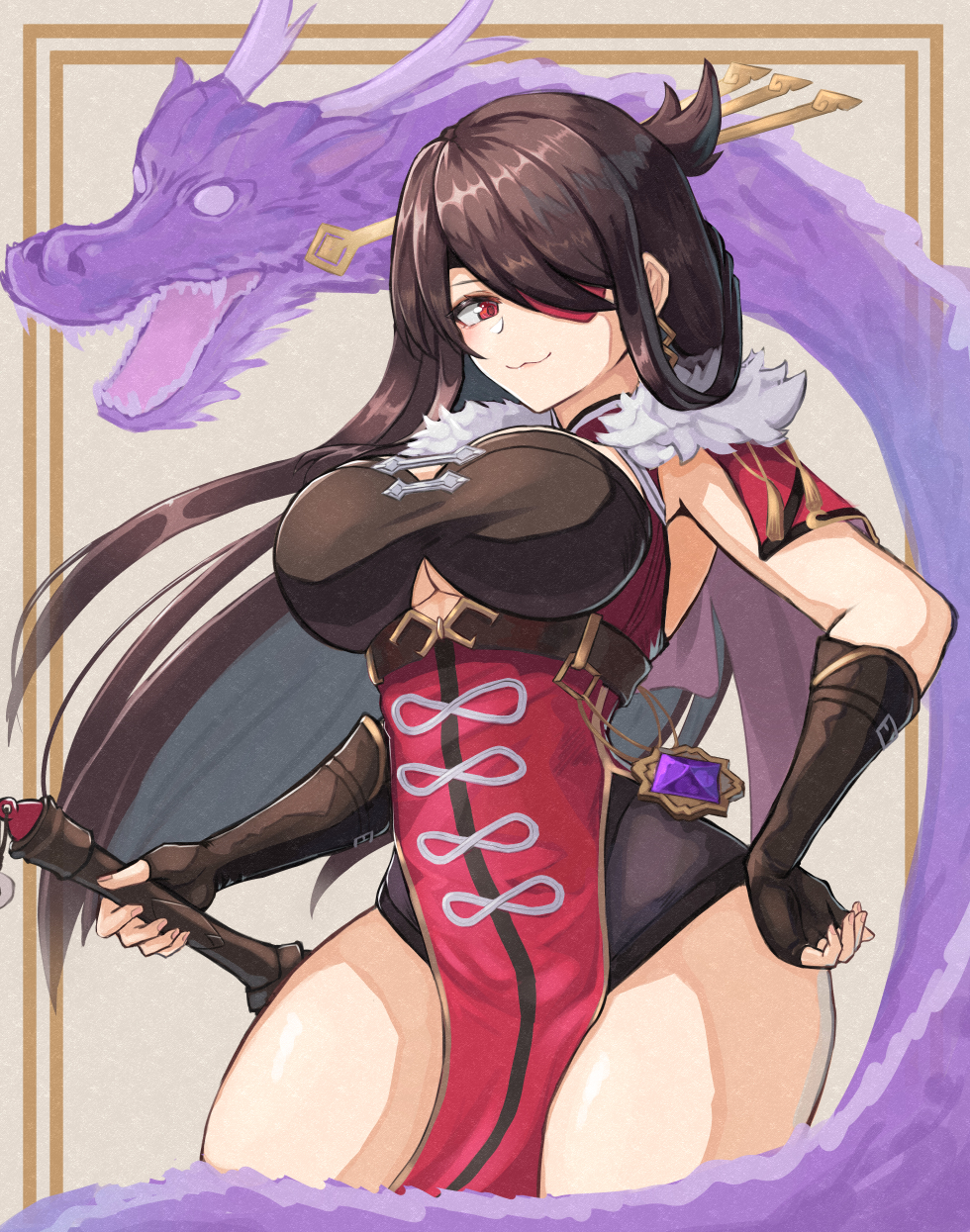 1girl, :3, beidou_(genshin_impact), breasts, brown_hair, capelet, chinese_clothes, clothing_cutout, dragon, eyepatch, fingerless_gloves, genshin_impact, gloves, hair_ornament, hair_over_one_eye, hair_stick, hairpin, hand_on_hip, highres, holding, holding_weapon, large_breasts, long_hair, moppo, one_eye_covered, pelvic_curtain, red_capelet, red_eyepatch, red_eyes, standing, thick_thighs, thighs, under_boob, underboob_cutout, weapon