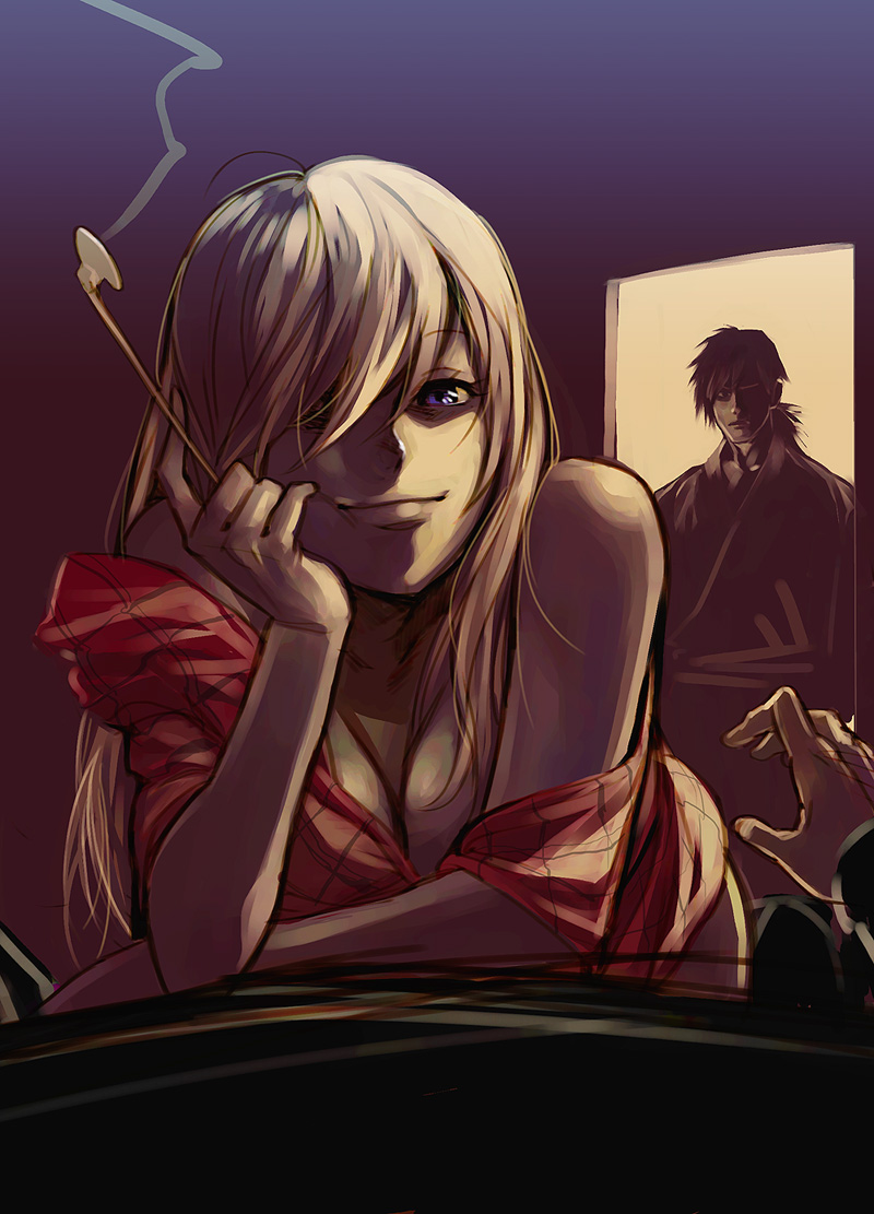 bare_shoulders, blonde_hair, blue_eyes, breasts, cleavage, japanese_clothes, kiseru, mayumio