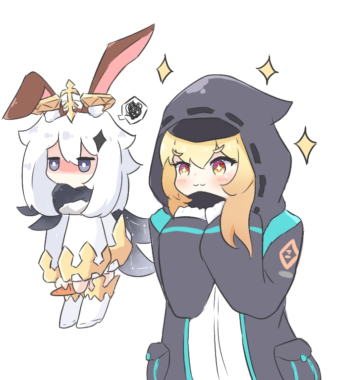 +_+, 2girls, :3, amiya_(arknights), animal_ear_fluff, animal_ears, arknights, bangs, black_jacket, blush, boots, brown_eyes, closed_mouth, commentary, cosplay, doctor_(arknights), doctor_(arknights)_(cosplay), dress, eyebrows_visible_through_hair, genshin_impact, grey_eyes, hair_between_eyes, halo, hood, hood_up, hooded_jacket, jacket, kemonomimi_mode, knee_boots, kurotofu, long_hair, long_sleeves, looking_away, lumine_(genshin_impact), multiple_girls, open_clothes, open_jacket, paimon_(genshin_impact), rabbit_ears, shaded_face, simple_background, sleeves_past_wrists, sparkle, spoken_squiggle, squiggle, v-shaped_eyebrows, white_background, white_dress, white_footwear
