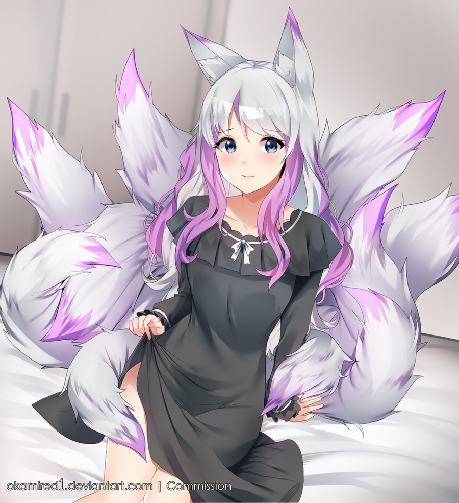 1girl, animal_ears, bangs, black_dress, blue_eyes, blush, breasts, celestiya, cowboy_shot, dress, dress_lift, dutch_angle, eyebrows_visible_through_hair, fox_ears, fox_tail, indie_virtual_youtuber, kitsune, kyuubi, long_hair, long_sleeves, medium_breasts, multicolored_hair, multiple_tails, nervous, nervous_smile, okamired, on_bed, original, purple_hair, sitting, sitting_on_bed, solo, swept_bangs, tail, two-tone_hair, white_hair