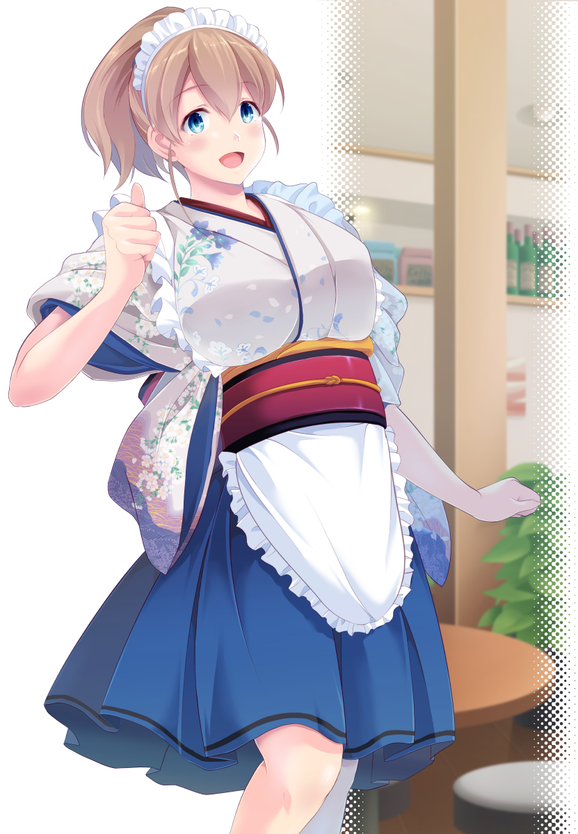 1girl, blue_eyes, blue_hakama, blue_skirt, breasts, brown_hair, commentary_request, cowboy_shot