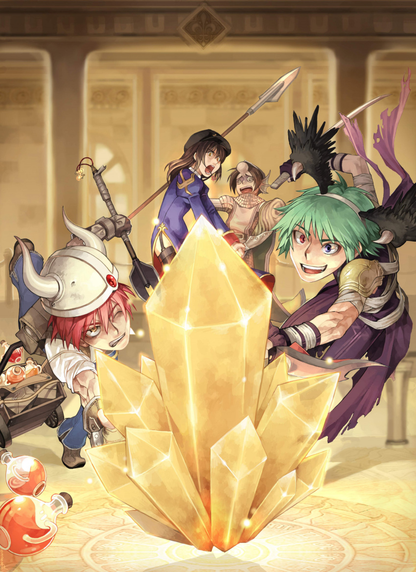 1girl, 3boys, @_@, armor, assassin_(ragnarok_online), backpack, bag, bandages