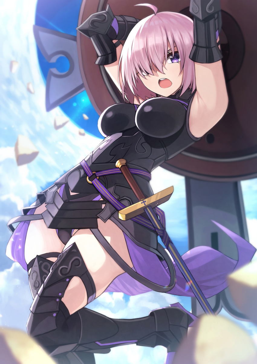 1girl, armor, armored_dress, armpits, arms_up, bangs, black_legwear, blue_sky