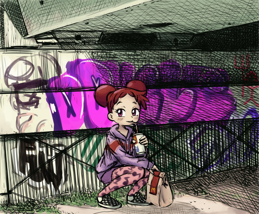 bag, drinking, graffiti, harukaze_doremi, hoodie, mcdonald's, ojamajo_doremi, paper_bag
