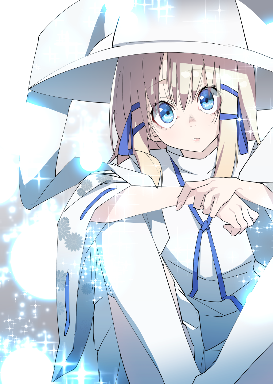 1girl, :/, alternate_color, bangs, blonde_hair, blue_eyes, blue_ribbon, closed_mouth, commentary_request, detached_sleeves, elbow_rest, floral_print, hair_between_eyes, hair_ribbon, highres, holding_own_wrist, knees_apart_feet_together, looking_at_viewer, m.u.g.e.n, moriya_suwako, ribbon, ribbon-trimmed_sleeves, ribbon_trim, rion_(glayjirobass), skirt, solo, sparks, tareme, touhou, tress_ribbon, turtleneck, v_legs, vest, white_headwear, white_legwear, white_skirt, white_vest, wide-eyed
