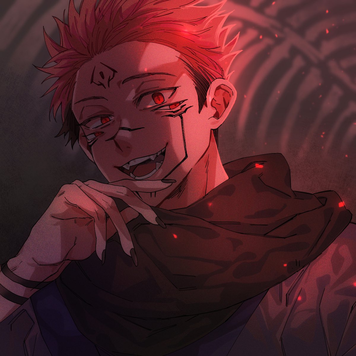 1boy, black_hair, black_nails, black_scarf, extra_eyes, facial_tattoo, fangs, fingernails
