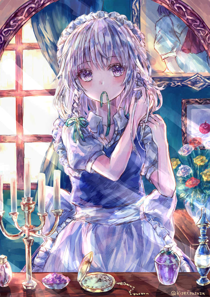 1girl, absurdres, against_mirror, alternate_eye_color, apron, artist_name, blue_dress, blush, bottle, bouquet, bow, braid, braiding_hair, candle, candlestand, cowboy_shot, dress, dressing, flower, frilled_apron, frills, green_ribbon, hair_ribbon, hairdressing, headdress, highres, huge_filesize, indoors, izayoi_sakuya, light_purple_eyes, light_rays, locker, locker_room, looking_at_mirror, maid, maid_headdress, medium_hair, mirror, mouth_hold, painting_(object), perfume_bottle, picture_frame, pocket_watch, portrait_(object), puffy_short_sleeves, puffy_sleeves, reflection, ribbon, ribbon_in_mouth, sash, shirt, short_sleeves, silver_hair, solo, suzushina, table, touhou, twin_braids, twitter_username, unbuttoned, unbuttoned_shirt, vanity_table, vase, violet_eyes, waist_apron, watch, white_apron, white_bow, white_sash, white_shirt, window