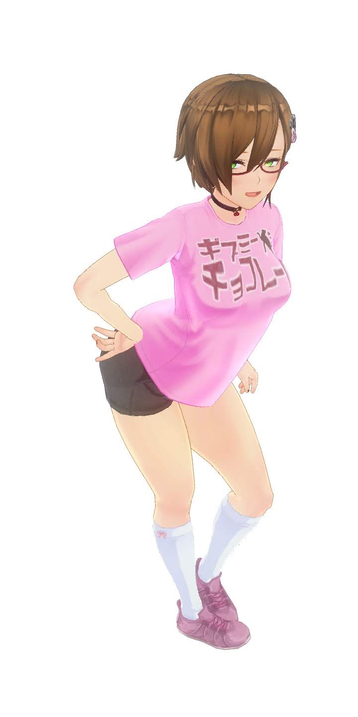 3d_custom_girl, brown_hair, fanart, green_eyes, pink_shirt, short_hair, shorts, simple_background, sinamuna_(character)