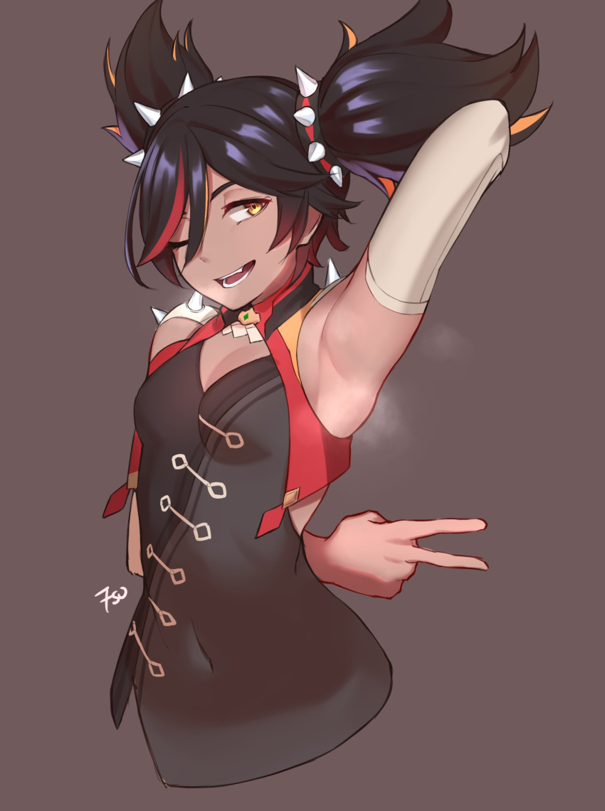 1girl, absurdres, arm_behind_back, armpits, arms_up, black_hair, breasts, cleavage_cutout, clothing_cutout, cropped_torso, dark_skin, dark-skinned_female, fangs, frenchvanillu, genshin_impact, grey_background, hair_ornament, hairband, highres, looking_at_viewer, multicolored_hair, one_eye_closed, redhead, short_hair, short_twintails, simple_background, smile, solo, spiked_hairband, spikes, steam, streaked_hair, teeth, tongue, twintails, v, xinyan_(genshin_impact), yellow_eyes