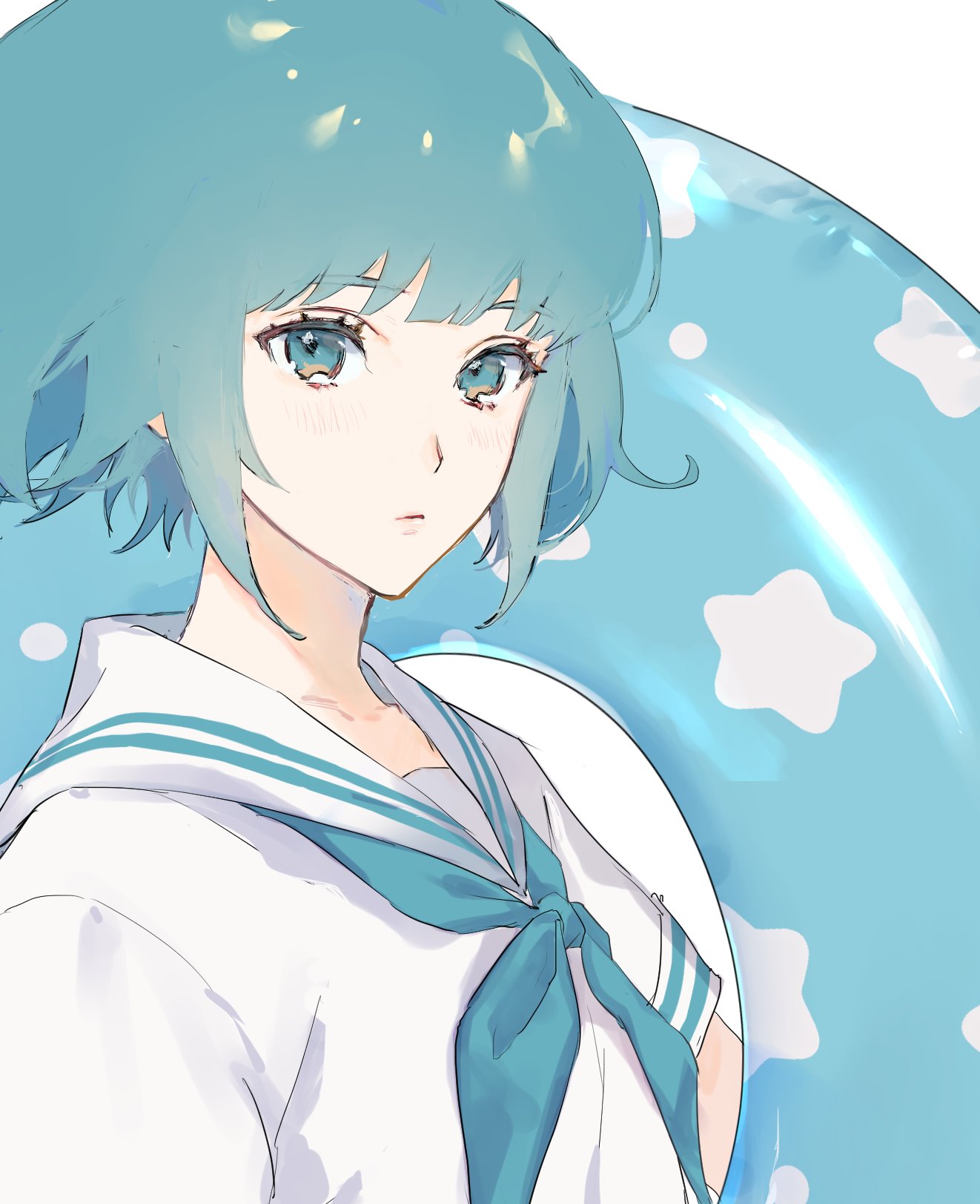 1girl, blue_eyes, blue_hair, blue_neckwear, closed_mouth, highres, innertube, looking_at_viewer