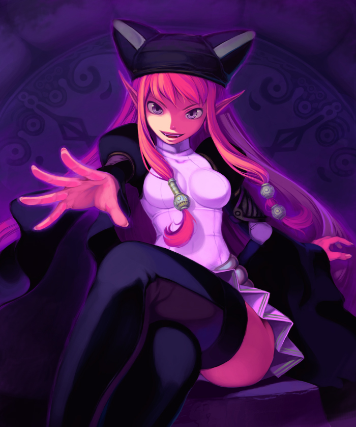 animal_hat, crossed_legs, fangs, foreshortening, hands, hat, kuro_kuro_kuro, kurokurokuro