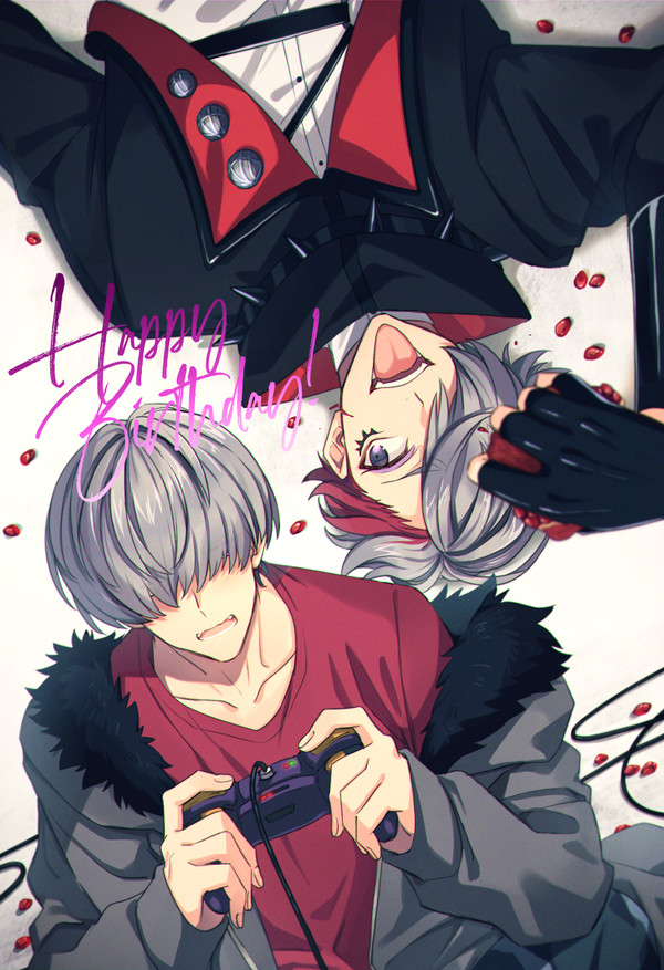 2boys, argonavis_from_bang_dream!, bang_dream!, controller, dual_persona, english_text, food, fruit, fur_collar, fur_trim, game_controller, grey_hair, hair_over_eyes, hair_over_one_eye, happy_birthday, holding, holding_controller, makeup, male_focus, multicolored_hair, multiple_boys, pomegranate, redhead, saigi, spikes, suzaki_jun, tongue, tongue_out, violet_eyes