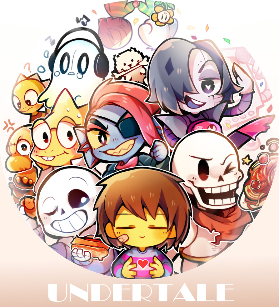 alphys, anger_vein, annoying_dog, asriel_dreemurr, brown_hair, chara_(undertale), chibi, colored_skin, copyright_name, dog, everyone, flower, flowey_(undertale), food, frisk_(undertale), gaito-san, headphones, holding_hands, hot_dog, mad_dummy_(undertale), mettaton, mettaton_ex, monster_kid_(undertale), napstablook, outline, papyrus_(undertale), pasta, sans_(undertale), shirt, simple_background, spaghetti, striped, striped_shirt, tears, text, undertale, undyne, yellow_skin