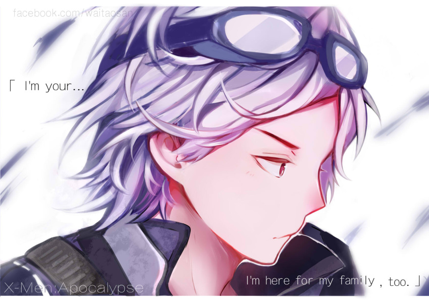 1boy, brown_eyes, english_text, gaito-san, goggles, goggles_on_head, grey_hair, highres