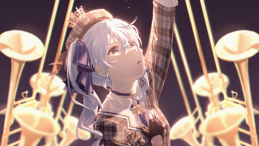 1girl, blue_eyes, blue_hair, blurry, blurry_background, choker, crown, depth_of_field