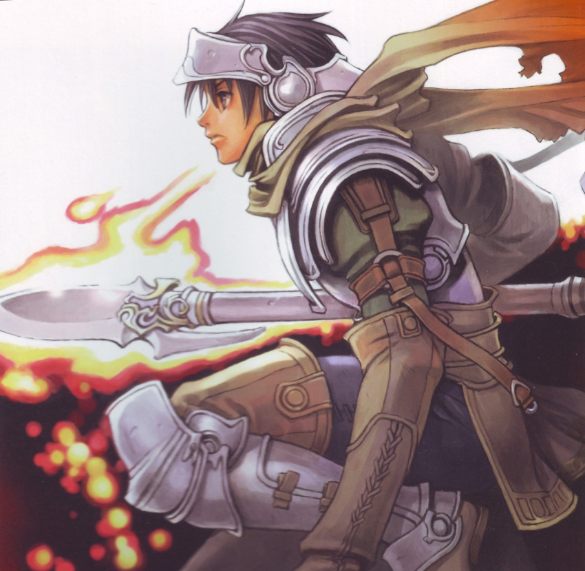 fantasy, fire, iwasaki_minako, male, minako_iwasaki, polearm, scan, scarf