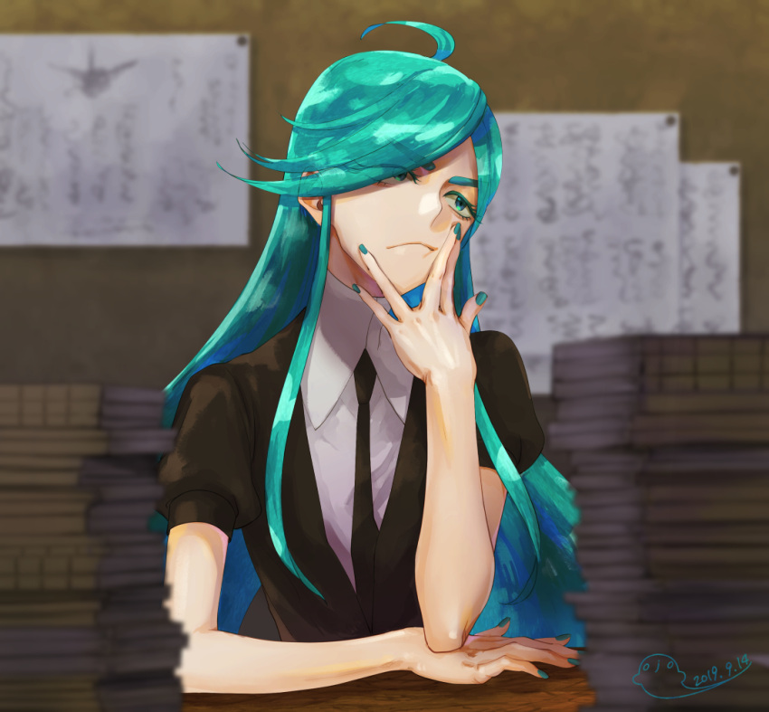 alexandrite_(houseki_no_kuni), androgynous, aqua_eyes, aqua_hair, aqua_nails, book, hand_on_own_face, houseki_no_kuni