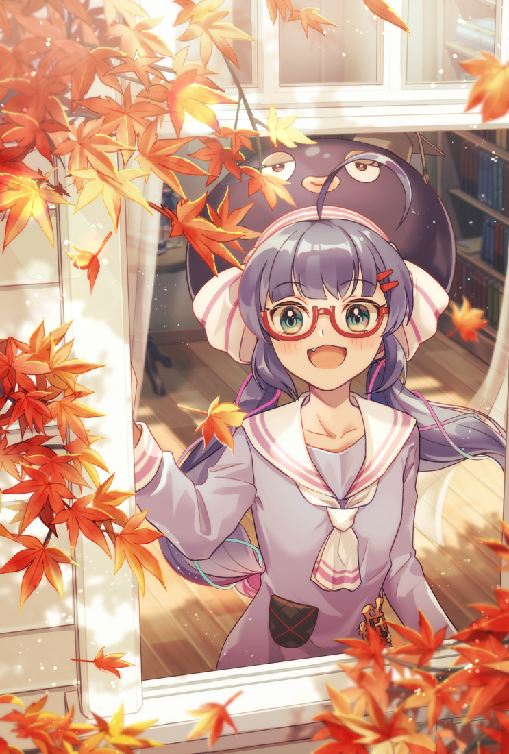 1girl, autumn_leaves, bangs, blue_hair, blue_headwear, blue_shirt, blunt_bangs, bookshelf