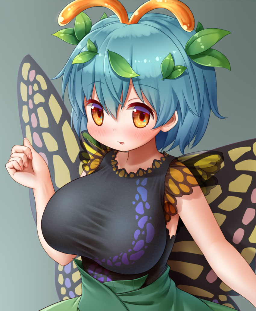1girl, alternate_breast_size, antennae, arinu, black_shirt, blue_hair, breasts, brown_eyes