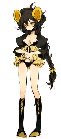 animal_ears, babydoll, bad_id, black_hair, boots, braid, breasts, kneehighs